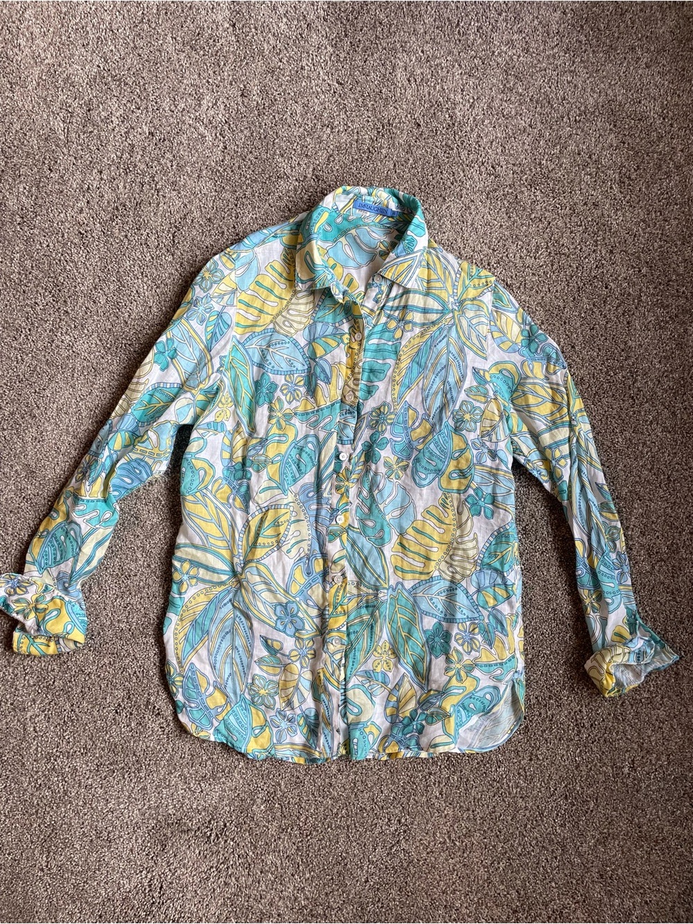 J. McLaughlin Light Blue and Yellow Tropical Print Button-Down Linen Shirt XS